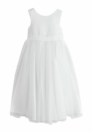 Weißes, ärmelloses Tüllkleid mit tailliertem Oberteil und vollem, gerafftem Rock, entworfen für festliche Anlässe.