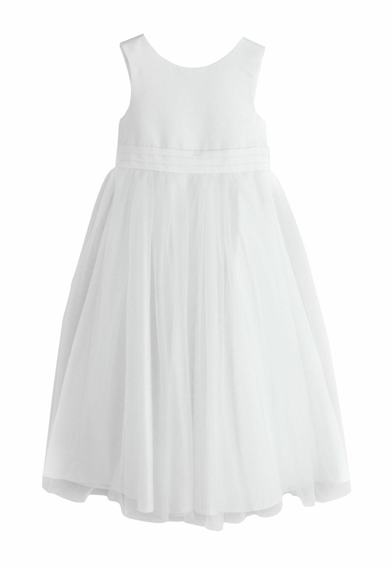 Weißes, ärmelloses Tüllkleid mit tailliertem Oberteil und vollem, gerafftem Rock, entworfen für festliche Anlässe.