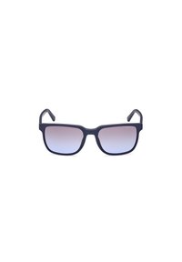 Gafas de sol rectangulares con montura azul oscura, lentes degradados que van de azul a gris claro y patillas ligeramente curvadas.