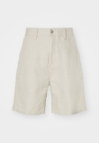 Leinen-Shorts in hellem Beige mit hoher Taille, Knopfverschluss und seitlichen Taschen. Sanfte Textur mit lockerer Passform.