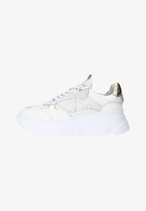 White sneaker with a chunky white sole, metallic gold accents, textured materials, and lace-up design with a padded collar.