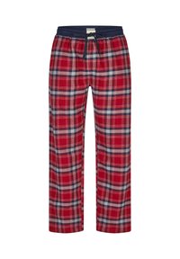 Pantalones de pijama de cuadros rojos con una cinturilla elástica azul marino, cordón ajustable y un corte relajado, que presentan un patrón a cuadros en azul y crema.