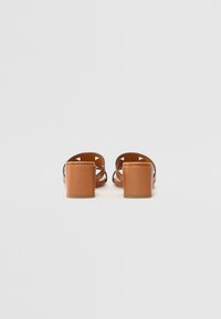 Tan hæl sandaler med rektangulære blokkhæle, åpen tå og utskåret trekantdesign på remmene. Glatt skinntekstur med en skinnende finish.