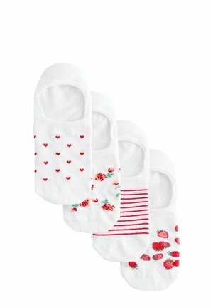 Four pairs of white ankle socks featuring red hearts, floral patterns, red stripes, and assorted strawberries, made from soft fabric.