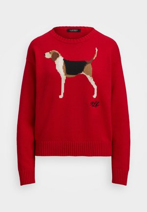 Camisola de malha vermelha com um gráfico de um cão na parte da frente. Decote redondo, punhos e barra com canelado. Textura macia com cores contrastantes.