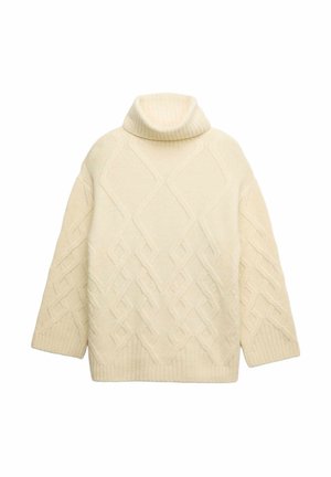 Crème kabelgebreide coltrui met een losse pasvorm, voorzien van een textuur in een diamanten patroon en geribde kraag en manchetten.