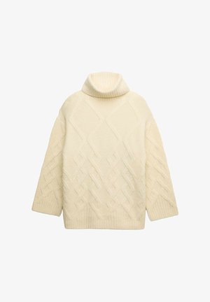 Cremfarbener, grob gestrickter Rollkragenpullover mit lockerer Passform, der ein strukturiertes Rautenmuster sowie gerippte Kragen und Bündchen aufweist.