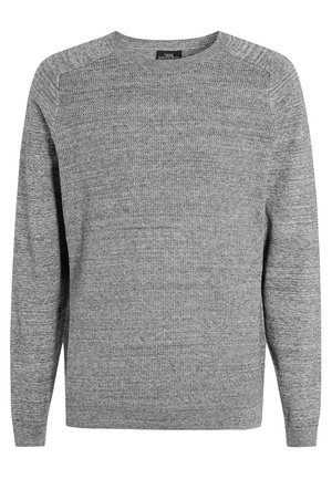 Pull gris à manches longues en maille avec un col rond, une texture chinée et un ourlet droit.