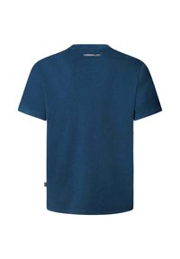 Camiseta de algodón azul marino con mangas cortas, cuello redondo y "LONDON S.1973" impreso en la parte posterior en texto blanco. Textura suave, diseño casual.