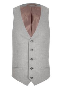 Graue Weste mit V-Ausschnitt, fünf Knöpfen vorne, zwei aufgesetzten Taschen und einem seidigen pinkfarbenen Futter. Hergestellt aus strukturiertem Stoff.
