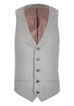 Grå ullväst med slagkrage, fem framknappar och två sidofickor; fodrad med en mjuk, ljusrosa insida.