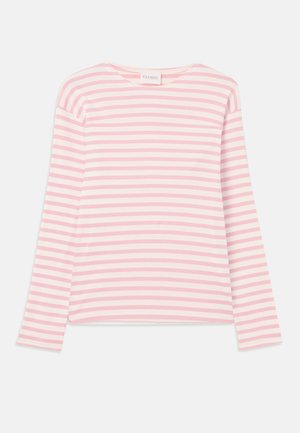 Langermet stripet topp i lys rosa og hvit. Mykt stoff med en avslappet passform og bred halsutskjæring. Har sidesplitter nederst.