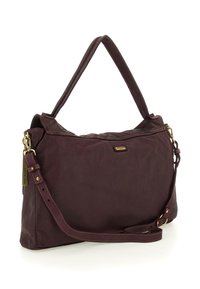 Borsa a mano in pelle bordeaux scuro con texture liscia, dotata di una singola tracolla e di una tracolla rimovibile, con finiture in metallo dorato.