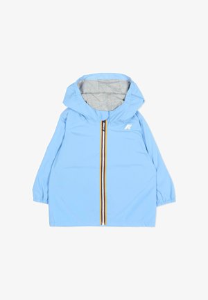 Giacca con cappuccio per bambini azzurro chiaro con fodera interna grigia, polsini elasticizzati e zip frontale con strisce gialle, bianche e nere.