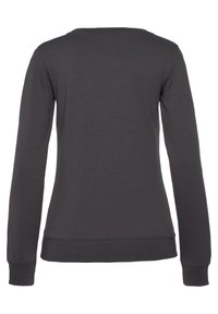 Dunkelgrauer Langarmpullover mit Rundhalsausschnitt, gerippten Bündchen und Saum. Glatte Textur, minimalistisches Design und keine sichtbaren Logos oder Muster.