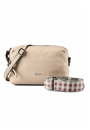 Beige strukturierte Leder-Umhängetasche mit verstellbarem Riemen, dazu ein abnehmbarer kariert gemusterter Riemen in Pink, Grau und Weiß.