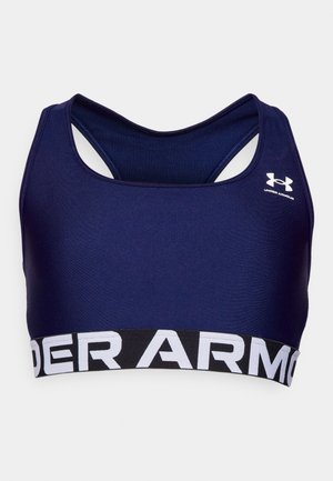 Marinblå sport-bh med racerback-design, tillverkad av mjukt tyg. Har en svart rem med "UNDER ARMOUR" i vit text.
