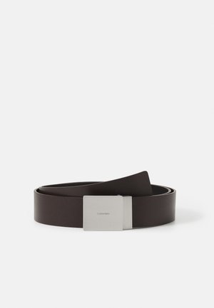 Brown leather belt with a smooth texture, featuring a rectangular silver metal buckle embossed with the brand name.