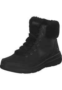 Botas de tobillo negras con un exterior de cuero suave, un lujoso cuello de piel, diseño con cordones y una suela de goma gruesa para mayor amortiguación.
