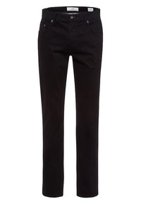 Black straight-leg jeans made of cotton blend fabric. Features five pockets, belt loops, and metal button closure at the waistband.