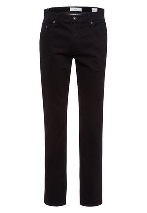 Zwarte rechtlopende jeans van een katoenmix. Heeft vijf zakken, riemlussen en een metalen knoopsluiting bij de taille.