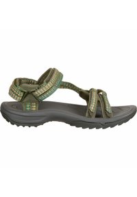 Gröna utomhussandaler med flätade remmar i flerfärgad design, vadderad grå sula och en texturerad sula för bra grepp.