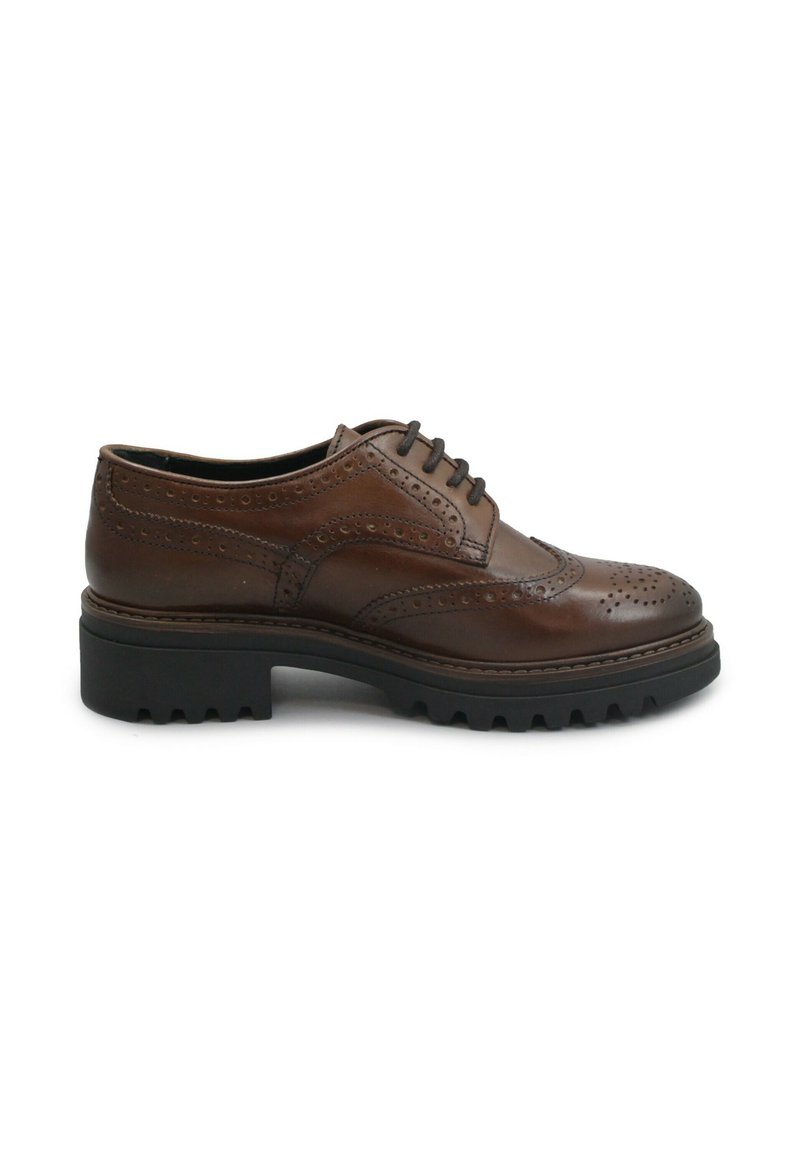Scarpa da uomo in pelle marrone, con dettagli brogue, design con allacciatura e suola in gomma nera spessa dotata di battistrada per una migliore aderenza.