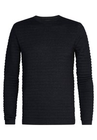 Maglione nero a maniche lunghe con texture a coste, scollatura rotonda e polsini aderenti. Realizzato in materiale lavorato a maglia con una sfumatura scura e sottile.