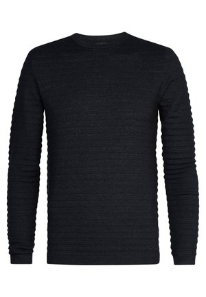 Jersey negro de manga larga con textura acanalada, cuello redondo y puños ajustados. Fabricado en material de punto con un tono oscuro sutil.