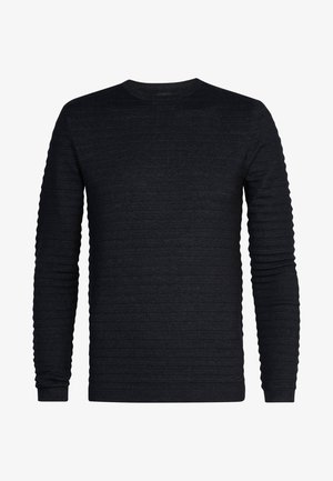 Maglione nero a maniche lunghe con texture a coste, scollatura rotonda e polsini aderenti. Realizzato in materiale lavorato a maglia con una sfumatura scura e sottile.