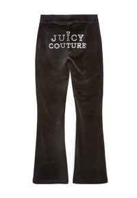 Juodo aksomo kelnės su platėjančiais kojomis, ant kurios nugaros išsiuvinėtas užrašas "JUICY COUTURE" sidabro ir aukso spalvomis. Minkšta tekstūra, elastingas juosmuo.