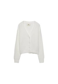 White knitted cardigan with a cropped design, deep V-neck, ribbed cuffs and hem, and five buttons down the front. Soft texture.