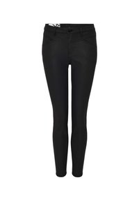 Jean skinny noir avec une texture lisse, doté d'une fermeture à bouton, de poches frontales, et d'une silhouette ajustée.