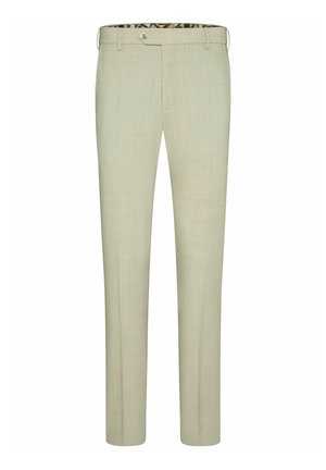 Light beige trousers with a straight-leg design, textured fabric, zip fly, and a patterned waistband. Tailored fit for a polished look.