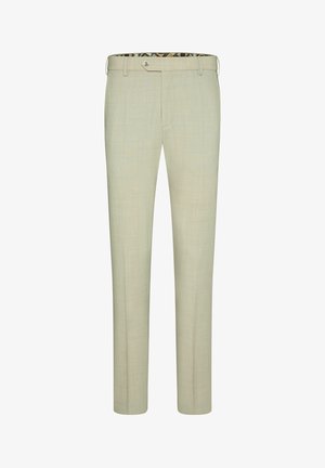 Helle beige Hose mit geradem Bein, strukturiertem Gewebe, Reißverschluss und gemusterter Taille. Maßgeschneiderte Passform für einen gepflegten Look.