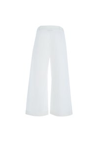 Pantaloni bianchi a gamba larga con un design sartoriale, caratterizzati da una trama di tessuto liscia e linee pulite. Vita standard con dettagli di cucitura discreti.