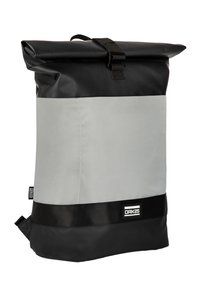 Roll-top backpack with black and gray waterproof material, featuring a buckle closure, smooth texture, and a logo patch on the front.