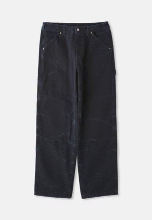 Sorte vide bukser lavet af denim med en tekstureret overflade, med forlommer og en klassisk knaplukning.