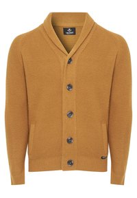 Musztardowo żółty kardigan wykonany z teksturowanej dzianiny, z kołnierzem szalowym, sześcioma ciemnymi guzikami i dwoma bocznymi kieszeniami.