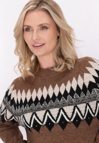 Maglione in maglia marrone con motivo geometrico e dettagli bianchi e neri, tessuto testurizzato e scollo rotondo.