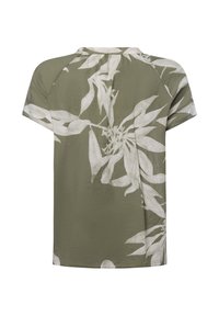 Olivenfarbener Kurzarmoberteil aus leichtem Stoff, mit einem weißen Blumenmuster, das Blätter und Blüten über das Material verteilt.