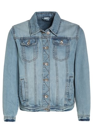 Veste en jean bleu clair avec fermeture à boutons, deux poches poitrine à rabat avec boutons, et deux poches latérales. Col classique et manches longues.
