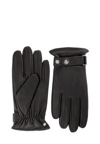 Gants en cuir noir au toucher lisse, de coupe ajustée, avec une fermeture à pression au niveau du poignet. Ils présentent un détail froncé au poignet et cinq doigts.