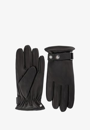 Guanti in pelle nera con una texture liscia, design aderente e chiusura a scatto sul polsino. Presentano un dettaglio arricciato al polso e cinque dita.