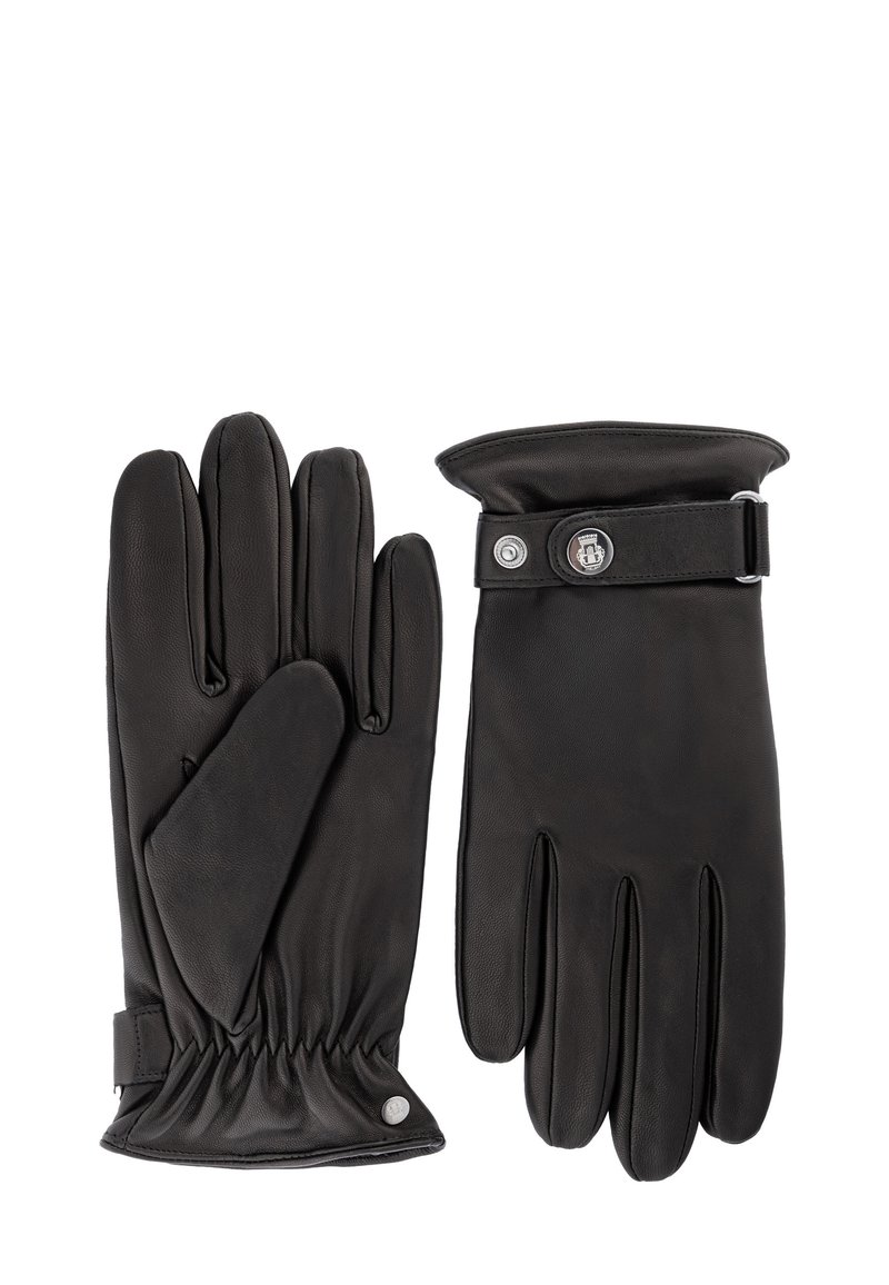 Gants en cuir noir au toucher lisse, de coupe ajustée, avec une fermeture à pression au niveau du poignet. Ils présentent un détail froncé au poignet et cinq doigts.