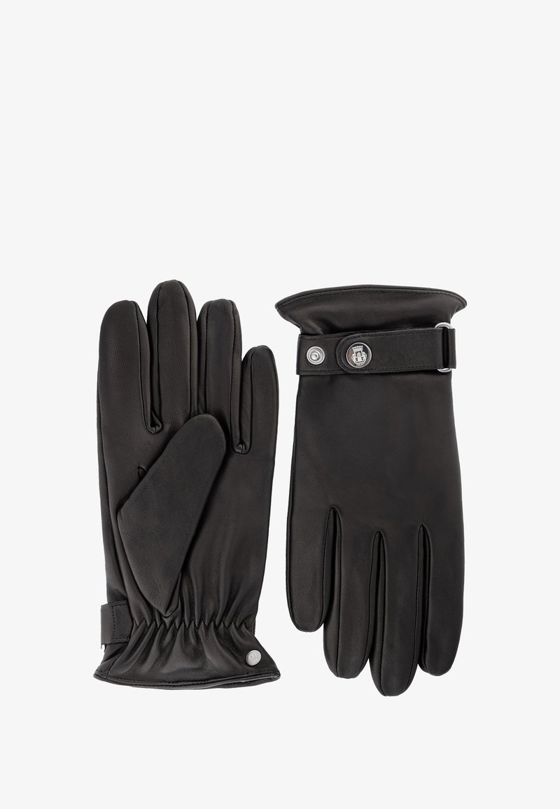 Schwarze Lederhandschuhe mit glatter Textur, tailliertem Design und Druckknopfverschluss an der Manschette. Verfügen über ein gerafftes Handgelenkdetail und fünf Finger.