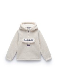 Krämfärgad fleecehoodie med framsidesdragkedja, ficka med klaff märkt "Napapijri geographic" och en liten norsk flagga på en badge nedanför.