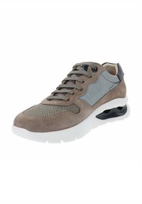 Zapatilla con parte superior de ante gris y paneles de malla, con una suela blanca y detalles en negro. Diseño con cordones y cuello acolchado para mayor comodidad.