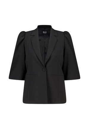 Blazer noir sur mesure avec manches trois-quarts bouffantes, fermeture par un seul bouton, revers en encoche et deux poches fendues à l'avant.