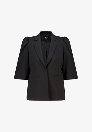 Zwarte, op maat gemaakte blazer met opgeblazen driekwart mouwen, enkele knoopsluiting, ingezette revers en twee voorzakken met split.